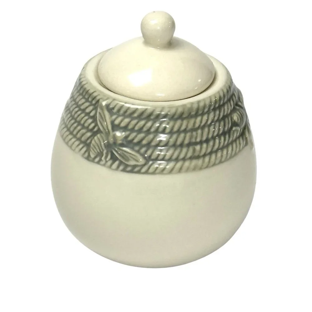 William Sonoma Honey Bee Sugar Bowl Green Beige Honeybee Retired